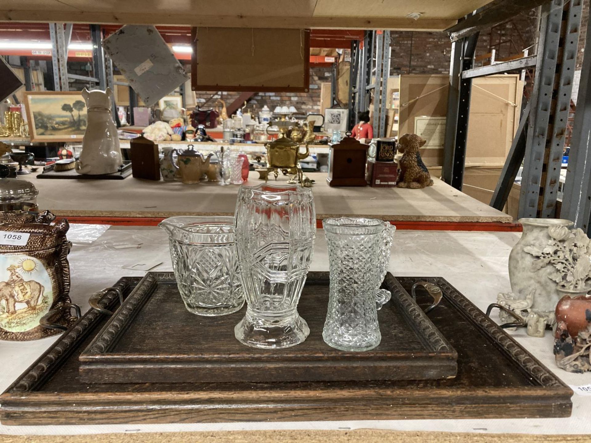 TWO VINTAGE OAK TRAYS WITH COPPER HANDLES STAMPED 'DUNSTAN', GLASS VASES, ETC