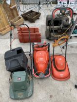 THREE ELECTRIC LAWN MOWERS TO INCLUDE A BLACK AND DECKER AND TWO FLYMOS