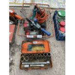 AN ASSORTMENT OF TOOLS TO INCLUDE A SOCKET SET, A BRACE DRILL AND POWER DRILLS ETC