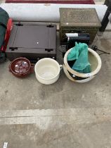 AN ASSORTMENT OF ITEMS TO INCLUDE A BRASS COAL BOX, A PLANMTER AND A VANTAGE TYPEWRITER