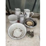 AN ASSORTMENT OF ITEMS TO INCLUDE STAINLESS STEEL BOWLS AND ENAMEL JUGS ETC