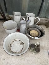 AN ASSORTMENT OF ITEMS TO INCLUDE STAINLESS STEEL BOWLS AND ENAMEL JUGS ETC