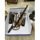 AN ASSORTMENT OF TOOLS TO INCLUDE A ROLSON WOOD PLANE, AN AXE AND A HAMMER ETC