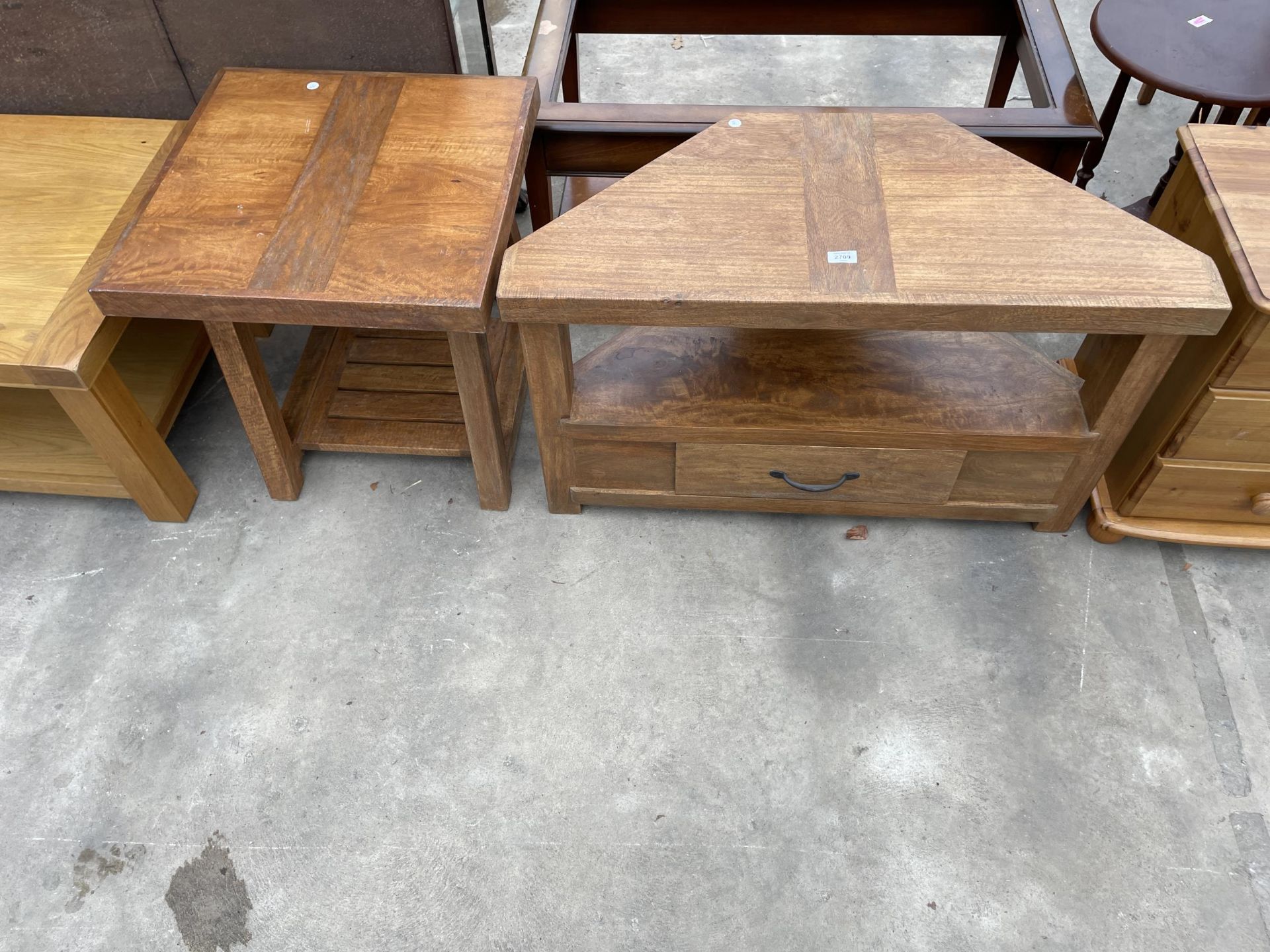 A MODERN HARDWOOD LAMP TABLE AND A CORNER UNIT