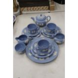 A WEDGWOOD JASPERWARE TEASET TO INCLUDE A TEAPOT, CREAM JUG, SUGAR BOWL,CUPS, SAUCERS, SIDE PLATES