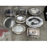 AN ASSORTMENT OF SILVER PLATED ITEMS TO INCLUDE TUREENS, SERVING DISHES AND A TRAY ETC