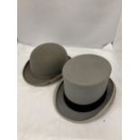 TWO GREY VINTAGE HATS TO INCLUDE A BOWLER DUNN & CO AND A TOP HAT