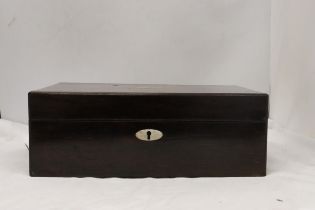 A ROSEWOOD WRITING SLOPE, WITH SUEDE SLOPE, ONE INKWELL AND MOTHER OF PEARL CARTOUCHE