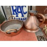 A VINTAGE HEAVY THICK COPPER GALLON JUG AND HEAVY WASH BOWL