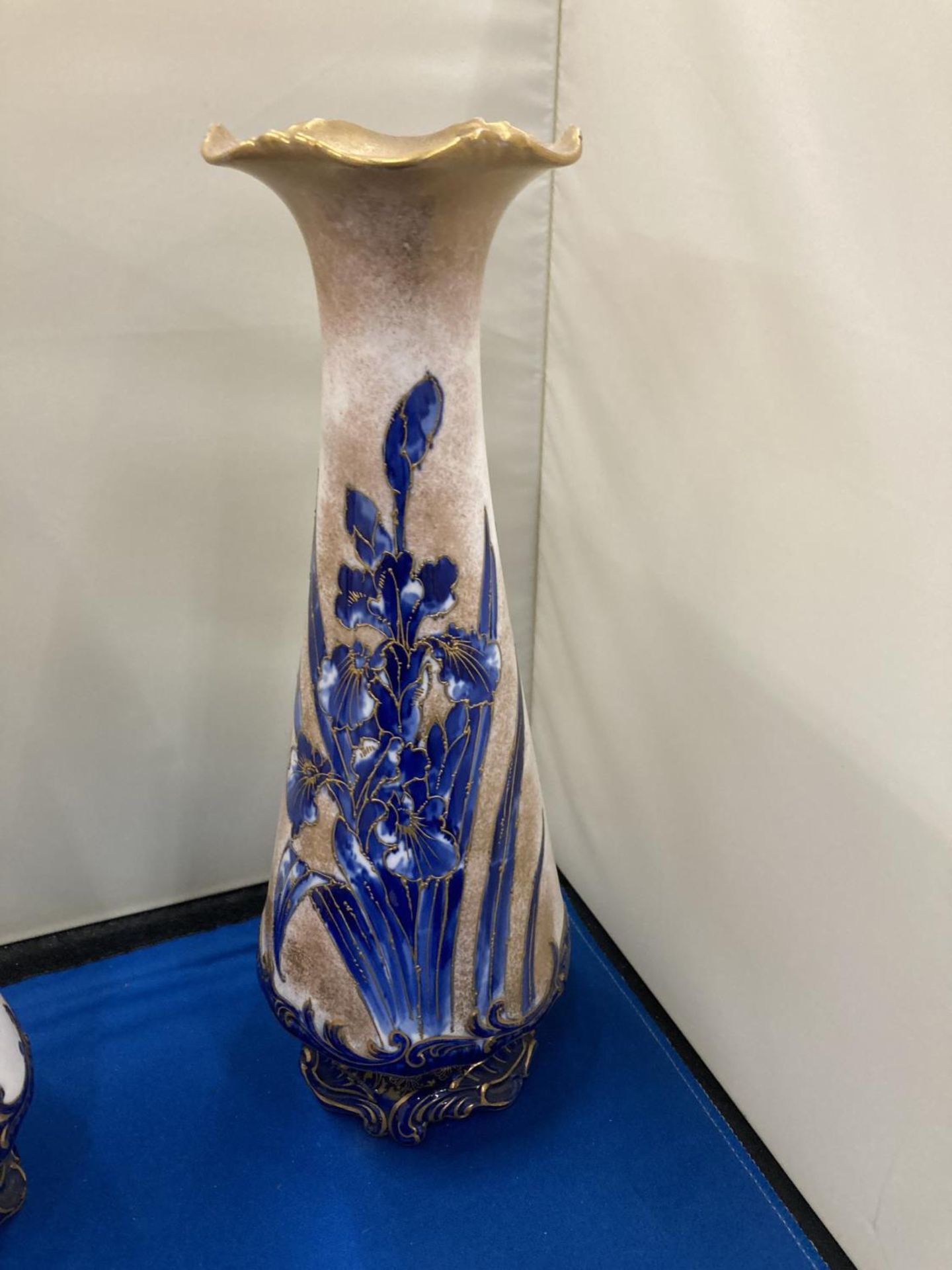 A PAIR OF RARE DOULTON BURSLEM HAND PAINTED BLUE IRIS VASES (ONE A/F) - Image 2 of 7