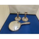 THREE HALLMARKED SILVER ITEMS TO INCLUDE A PAUR OF SHEFFIELD CANDLESTICKS AND A MIRROR