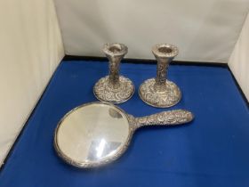 THREE HALLMARKED SILVER ITEMS TO INCLUDE A PAUR OF SHEFFIELD CANDLESTICKS AND A MIRROR