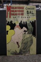 A MOULIN ROUGE POSTER ON A BOARD, 49CM X 83CM