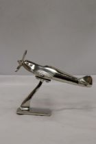 A CHROME SPITFIRE ON A STAND, HEIGHT 13CM