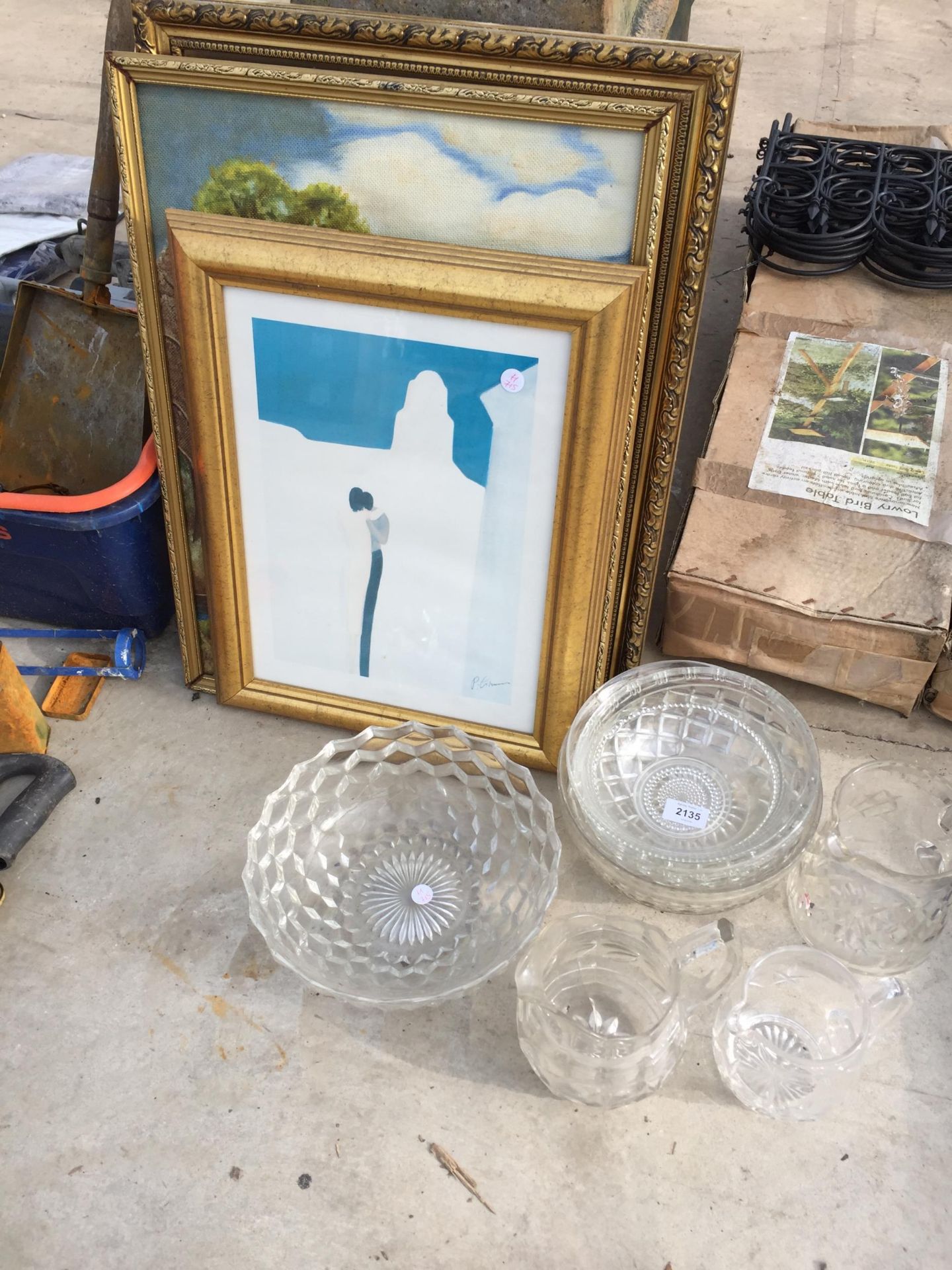 AN ASSORTMENT OF GLASS WARE AND FRAMED PRINTS ETC
