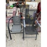 TWO FOLDING GARDEN CHAIRS AND TWO FURTHER STACKING CHAIRS