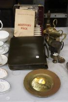 A QUANTITY OF ITEMS TO INCLUDE FISH KNIVES AND FORKS, BRASSWARE, WRITING SET ETC