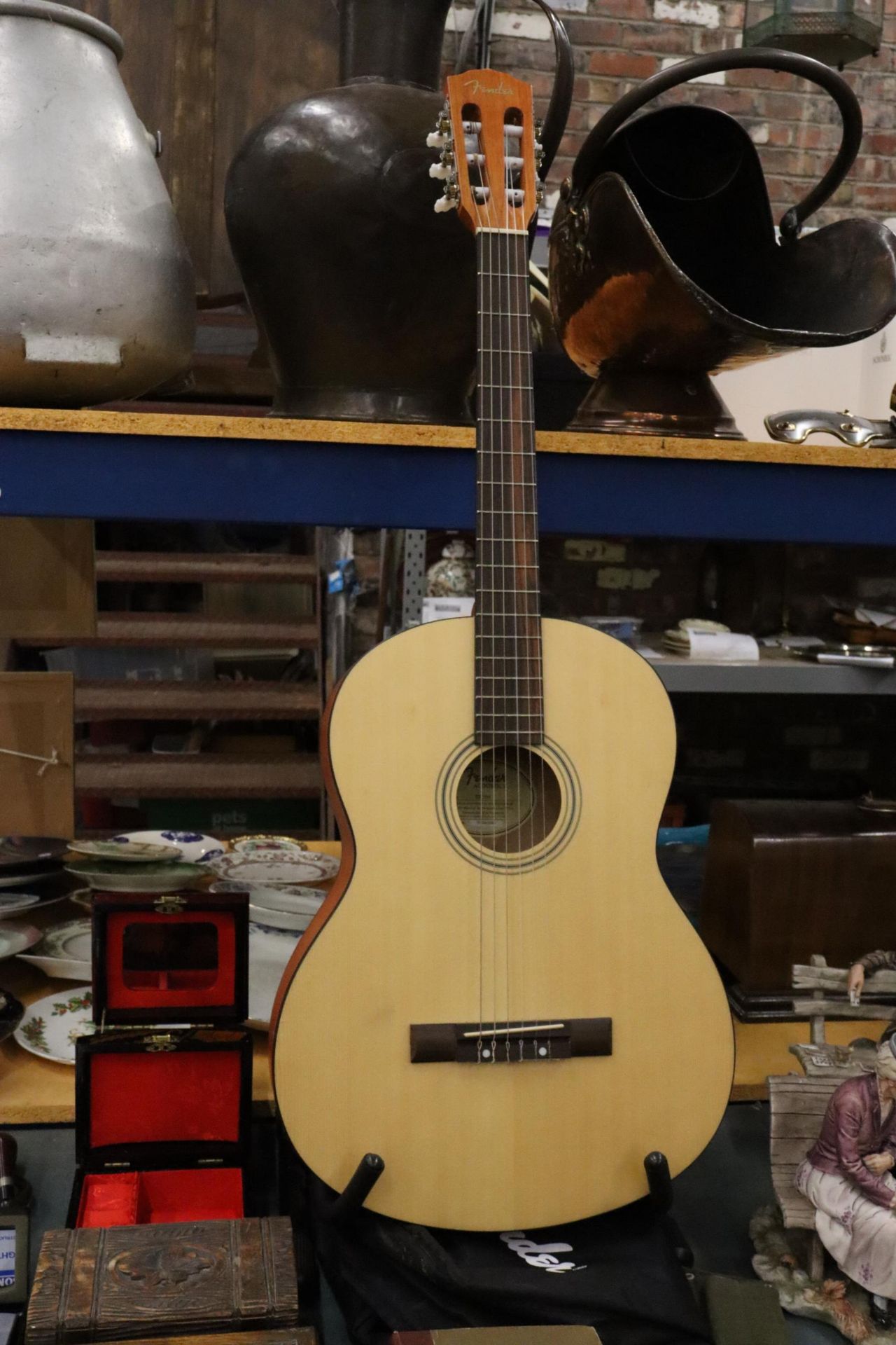 A FENDER ACOUSTIC GUITAR WITH STAGG STAND AND CASE