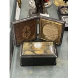 A 19TH CENTURY A. P. CRITCHLOW & CO, DAGUERREOTYPE CASE PLUS A HANDPAINTED PAPIER MACHE BOX, SOME