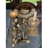 VARIOUS BRASSWARE ITEMS TO INCLUDE A CHARGER, CANDLESTICK AND MINIATURE ITEMS ETC