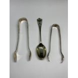 TWO HALLMARKED SHEFFIELD SUGAR TONGS AND A LONDON SPOON GROSS WEIGHT 20.7 GRAMS