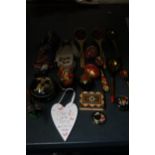 A COLLECTION OF UKRANIAN HANDPAINTED BOXES, SPOONS, EGGS, ETC, PLUS TWO DOLLS IN TRADITIONAL