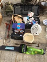 AN ASSORTMENT OF TOOLS AND HARDWARE TO INCLUDE A BATTERY HEDGE TRIMMER AND LIGHT BULBS ETC