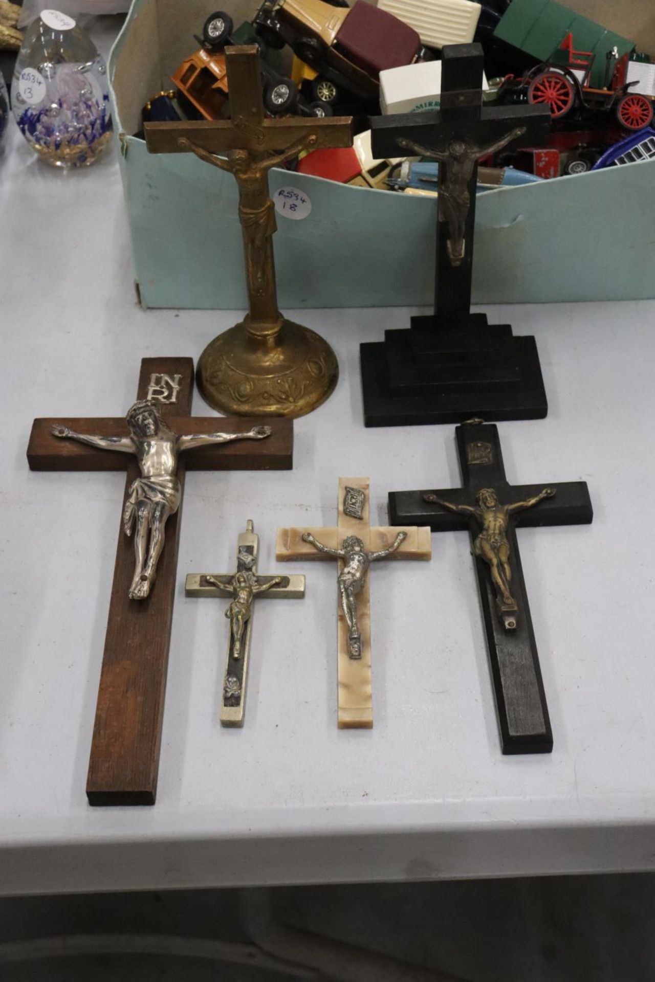 SIX CRUCIFIXES TO INCLUDE BRASS, WOOD, ETC