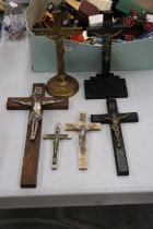 SIX CRUCIFIXES TO INCLUDE BRASS, WOOD, ETC