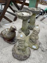FIVE VARIOUS GARDEN FIGURES TO INCLUDE TWO SMALL CONCRETE BIRDBATHS AND TWO CONCRETE GNOMES ETC
