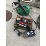 AB ASSORTMENT OF TOOLS TO INCLUDE A PRESSURE WASHER, FOOT PUMP AND CAR COMPRESSOR ETC