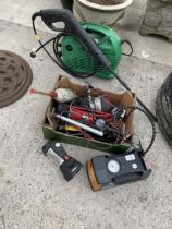 AB ASSORTMENT OF TOOLS TO INCLUDE A PRESSURE WASHER, FOOT PUMP AND CAR COMPRESSOR ETC