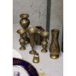 SIX ASIAN STYLE BRASS VASES PLUS A BRASS SHOE