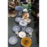 A QUANTITY OF COLLECTABLES TO INCLUDE WEDGWOOD JASPERWARE, SYLVAC SQUIRREL JUG (A/F), BELLS ETC.,