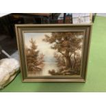 A GILT FRAMED OIL ON CANVAS OF A LAKE SCENE SIGNED G WATTS 73CM X 25CM