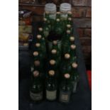 A LARGE COLLECTION OF VINTAGE GREEN BOTTLES WITH CORKS TO INCLUDE EXTRACT OF TOAD, SLUG REPELLENT,