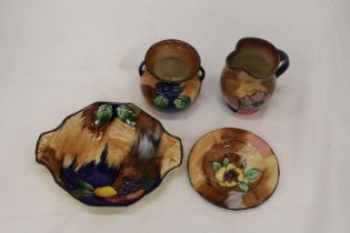 FOUR PIECES OF H & K TUNSTALL POTTERY, TO INCLUDE A BOWL, PLATE, JUG AND BOWL