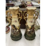 A PAIR OF VICTORIAN VASES WITH HORSE AND FARMING DECORATION - 1 A/F, HEIGHT 31CM