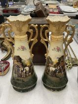 A PAIR OF VICTORIAN VASES WITH HORSE AND FARMING DECORATION - 1 A/F, HEIGHT 31CM