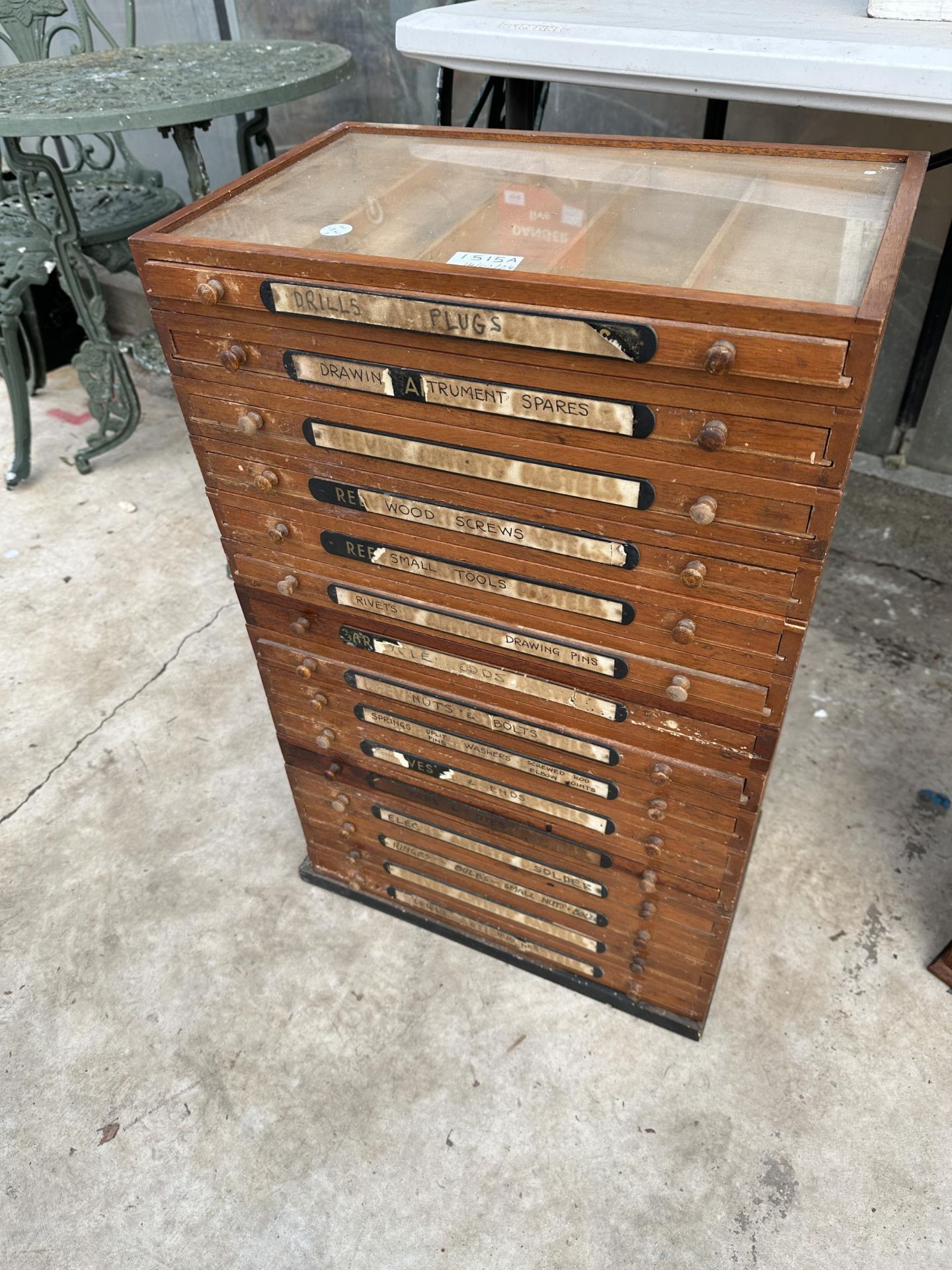 A VINTAGE FIFTEEN INTERSECTION SPECIMEN DRAWERS EACH WITH GLASS TOPS