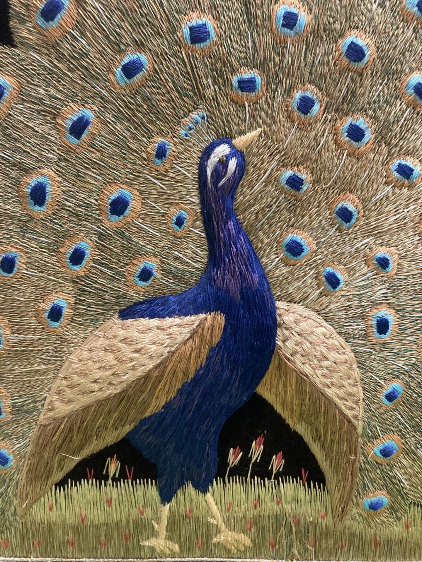 A LARGE GILT FRAMED EMBROIDERED COLLAGE OF A PEACOCK - Image 2 of 4