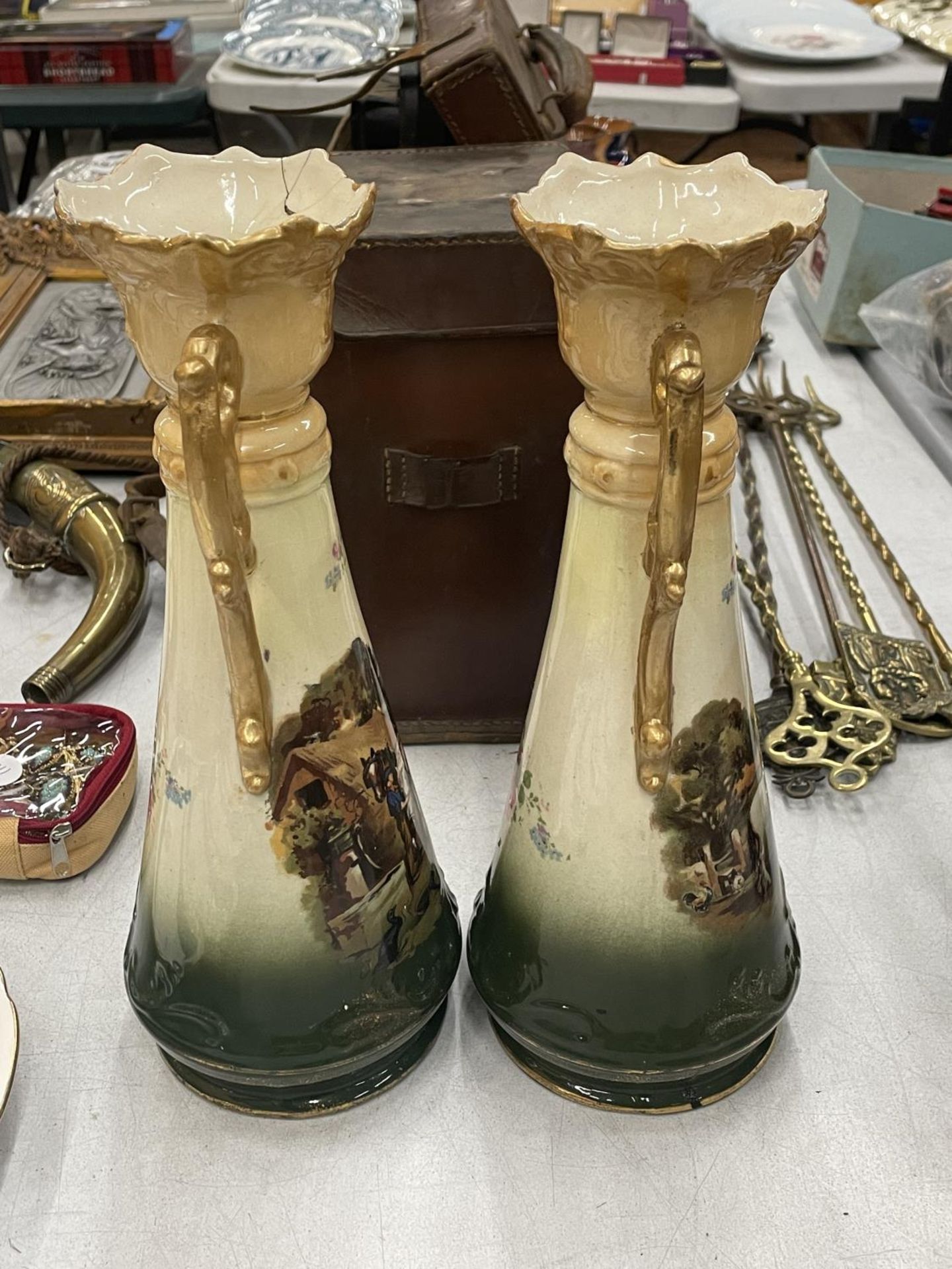 A PAIR OF VICTORIAN VASES WITH HORSE AND FARMING DECORATION - 1 A/F, HEIGHT 31CM - Image 2 of 4