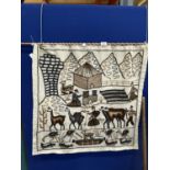 A NAIVE WOOLWORK WALL HANGING WITH ANIMALS, FIGURES AND MOUNTAINS, APPROX 84CM X 80CM