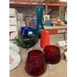 NINE LARGE ITEMS OF COLOURED GLASSWARE