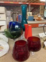 NINE LARGE ITEMS OF COLOURED GLASSWARE
