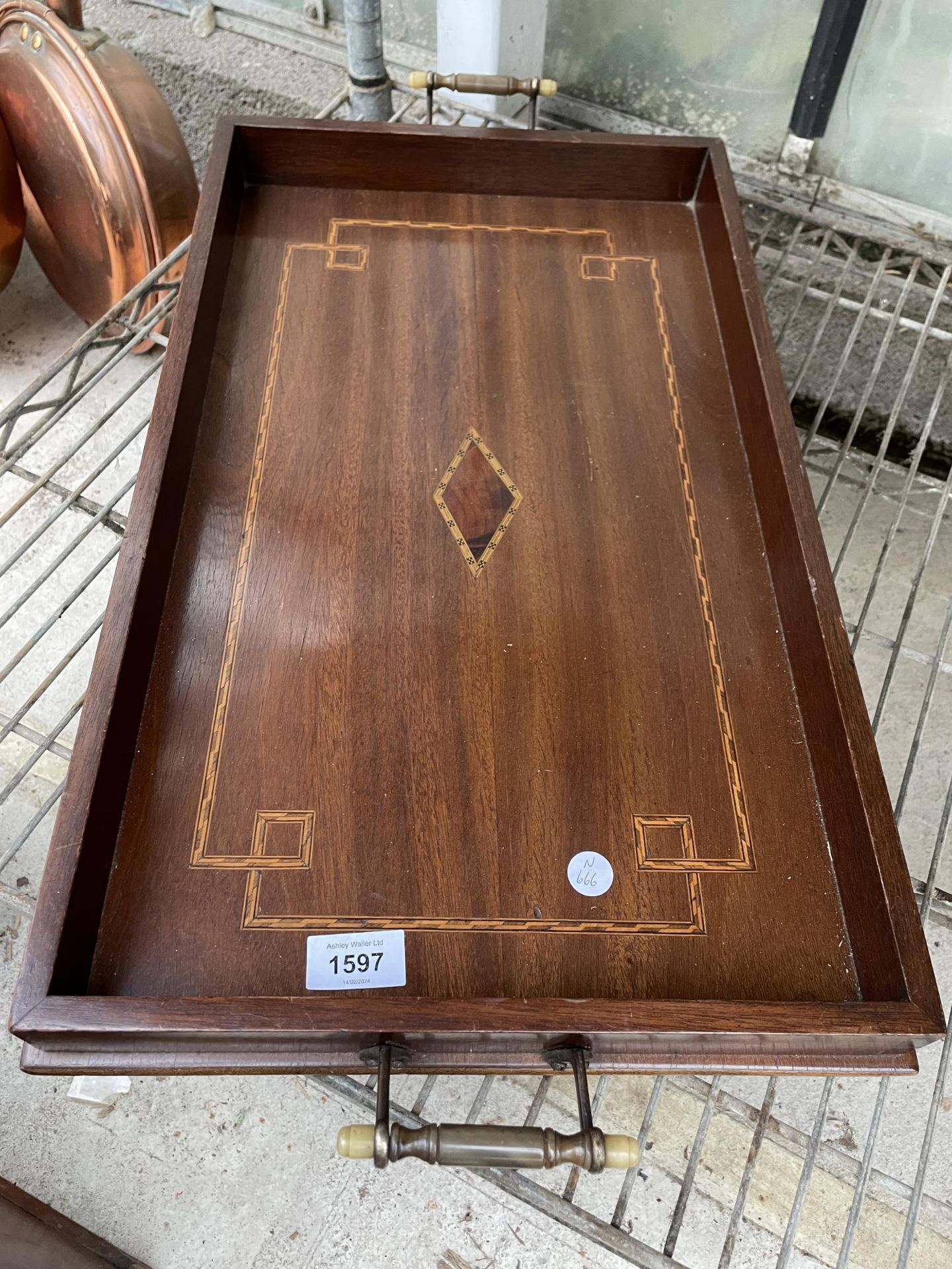 A VINTAGE MAHOGANY INLAID SERVING TRAY WITH TWIN HANDLES