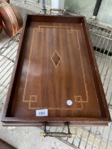 A VINTAGE MAHOGANY INLAID SERVING TRAY WITH TWIN HANDLES