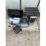 AN ASSORTMENT OF COMPUTER ITEMS TO INCLUDE A MONITOR, TOWER AND GAMING STEERING WHEEL ETC