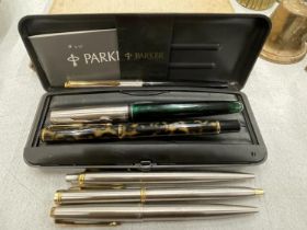 SIX PARKER PENS TO INCLUDE THREE FOUNTAIN IN A BOX AND THREE BALLPOINT