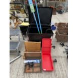 AN ASSORTMENT OF FISHING TACKLE TO INCLUDE A TACKLE BOX SEAT, A REEL AND FURTHER TACKLE BOXES ETC